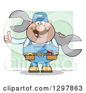 Poster, Art Print Of Cartoon White Male Mechanic Wearing A Tool Belt Giving A Thumb Up And Holding A Giant Wrench Over Green