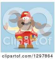 Poster, Art Print Of Cartoon Flat Design Black Or Hispanic Male Mechanic Wearing A Tool Belt Giving A Thumb Up And Holding A Giant Wrench Over Blue