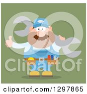 Poster, Art Print Of Cartoon Flat Design White Male Mechanic Wearing A Tool Belt Giving A Thumb Up And Holding A Giant Wrench On Green