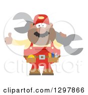 Poster, Art Print Of Cartoon Flat Design Black Or Hispanic Male Mechanic Wearing A Tool Belt Giving A Thumb Up And Holding A Giant Wrench