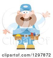 Poster, Art Print Of Cartoon Flat Design White Male Mechanic Wearing A Tool Belt And Waving