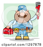 Poster, Art Print Of Cartoon White Male Plumber Wearing A Tool Belt And Holding Up A Monkey Wrench Over Green