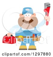 Poster, Art Print Of Cartoon Flat Design White Male Plumber Wearing A Tool Belt And Holding Up A Monkey Wrench