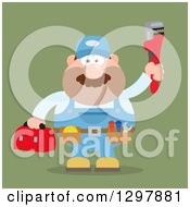 Poster, Art Print Of Cartoon Flat Design White Male Plumber Wearing A Tool Belt And Holding Up A Monkey Wrench Over Green