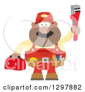 Poster, Art Print Of Cartoon Flat Design Black Or Hispanic Male Plumber Wearing A Tool Belt And Holding Up A Monkey Wrench