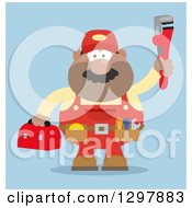 Poster, Art Print Of Cartoon Flat Design Black Or Hispanic Male Plumber Wearing A Tool Belt And Holding Up A Monkey Wrench Over Blue