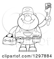 Poster, Art Print Of Cartoon Black And White Male Plumber Wearing A Tool Belt And Holding Up A Monkey Wrench