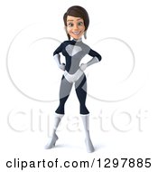 Clipart Of A 3d Brunette White Female Super Hero In A Black And White Suit Posing With Hands On Hips Royalty Free Illustration
