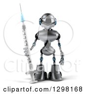 Clipart Of A 3d Silver Male Techno Robot With A Giant Vaccination Syringe Royalty Free Illustration