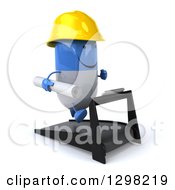 Clipart Of A 3d Happy Blue And White Pill Contractor Character Running On A Treadmill Royalty Free Illustration