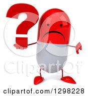 Clipart Of A 3d Unhappy Red And White Pill Character Holding A Thumb Down And Question Mark Royalty Free Illustration