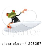 Clipart Of A 3d Green Business Springer Frog Surfing And Looking Over The Board Royalty Free Illustration