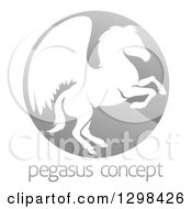 Clipart Of A Silhouetted Rearing Pegasus Winged Horse In A Shiny Gray Circle Over Sample Text Royalty Free Vector Illustration by AtStockIllustration