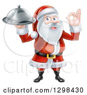 Poster, Art Print Of Happy Santa Claus Gesturing Ok And Holding A Food Cloche Platter