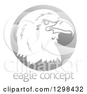 Poster, Art Print Of Profiled Bald Eagle Or Falcon Head On A Shiny Gray Circle Above Sample Text