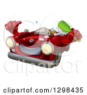 Clipart Of A Red Convertible Car Character Holding A Thumb Up And A Scrub Brush Royalty Free Vector Illustration