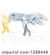 Poster, Art Print Of 3d Silver And Gold Men Working Together And Carrying A Large Adjustable Wrench