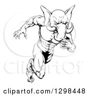 Poster, Art Print Of Black And White Muscular Aggressive Elephant Man Mascot Running Upright