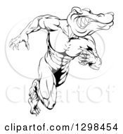 Clipart Of A Black And White Vicious Muscular Alligator Man Running Upright Royalty Free Vector Illustration by AtStockIllustration