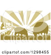 Clipart Of A Sunrise Over A Cottage Farm House With Two Sheep And Fields Royalty Free Vector Illustration