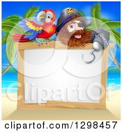 Poster, Art Print Of Hook Handed Pirate Captain With A Parrot Over A Blank Sign On A Tropical Beach