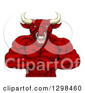 Clipart Of A Tough Muscular Angry Red Bull Man Punching One Fist Into A Palm Royalty Free Vector Illustration
