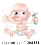 Poster, Art Print Of Happy Bald Blue Eyed Caucasian Baby Boy Sitting In A Diaper And Holding A Hammer