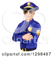 Happy Caucasian Male Police Officer With Folded Arms Wearing Sunglasses And Smiling Tilted Slightly Left