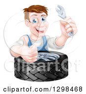 Clipart Of A Happy Middle Aged Brunette White Mechanic Man Holding A Wrench And Giving A Thumb Up Over A Tire Royalty Free Vector Illustration by AtStockIllustration