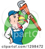 Poster, Art Print Of Cartoon Turkey Bird Plumber Worker Man Holding Up A Monkey Wrench In A Green Circle