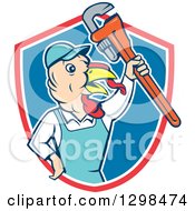 Poster, Art Print Of Cartoon Turkey Bird Plumber Worker Man Holding Up A Monkey Wrench In A Red White And Blue Shield