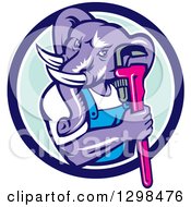 Clipart Of A Retro Woodcut Muscular Purple Elephant Man Plumber Holding A Wrench In A Blue White And Turquoise Circle Royalty Free Vector Illustration