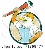 Poster, Art Print Of Cartoon Bald Eagle Plumber Man Holding Up A Monkey Wrench In A Green White And Tan Circle
