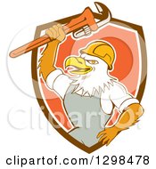 Poster, Art Print Of Cartoon Bald Eagle Plumber Man Holding Up A Monkey Wrench In A Brown White And Orange Shield