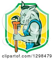 Clipart Of A Cartoon Muscular Donkey Man Plumber Holding A Monkey Wrench In A Green White And Yellow Shield Royalty Free Vector Illustration