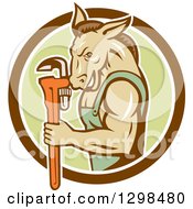 Clipart Of A Retro Cartoon Muscular Donkey Man Plumber Holding A Monkey Wrench In A Brown White And Green Circle Royalty Free Vector Illustration