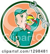 Poster, Art Print Of Cartoon Turkey Bird Worker Mechanic Man Holding Up A Wrench In A Green White And Peach Circle
