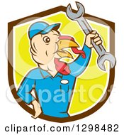 Poster, Art Print Of Cartoon Turkey Bird Worker Mechanic Man Holding Up A Wrench In A Brown White And Yellow Shield