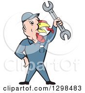 Poster, Art Print Of Cartoon Turkey Bird Worker Mechanic Man Holding Up A Wrench
