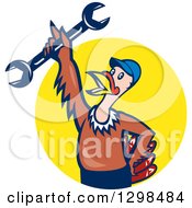 Poster, Art Print Of Cartoon Turkey Bird Worker Mechanic Man Holding Up A Wrench And Emerging From A Yellow Circle