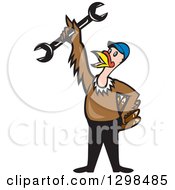 Poster, Art Print Of Cartoon Turkey Bird Worker Mechanic Man Holding Up A Wrench Tool