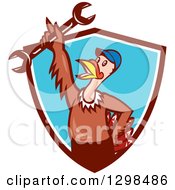 Poster, Art Print Of Cartoon Turkey Bird Worker Mechanic Man Holding Up A Wrench In A Brown White And Blue Shield