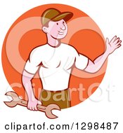 Clipart Of A Retro Cartoon Male Mechanic Holding A Wrench And Waving In An Orange Circle Royalty Free Vector Illustration