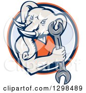 Poster, Art Print Of Retro Woodcut Muscular Elephant Man Mechanic Holding A Wrench In An Orange Blue And White Circle