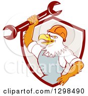 Poster, Art Print Of Cartoon Bald Eagle Mechanic Man Holding Up A Wrench In A Maroon White And Taupe Shield
