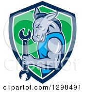 Poster, Art Print Of Cartoon Muscular Donkey Man Mechanic Holding A Wrench In A Blue White And Green Shield