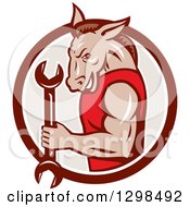 Clipart Of A Retro Cartoon Muscular Donkey Man Mechanic Holding A Wrench In A Maroon White And Taupe Circle Royalty Free Vector Illustration