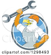 Poster, Art Print Of Cartoon Bald Eagle Mechanic Man Holding Up A Wrench In A Blue And White Circle