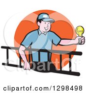 Poster, Art Print Of Cartoon White Male Electrician Carrying A Ladder And Holding A Light Bulb Over An Orange Circle