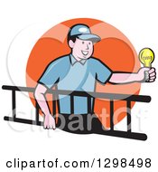 Clipart Of A Cartoon White Male Electrician Carrying A Ladder And Holding A Light Bulb Over An Orange Circle Royalty Free Vector Illustration by patrimonio